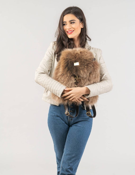 Devilsmood　MUTE BEAST FUR BACKPACK ブラウン Beige-brown Real Fox Fur Backpack With Genuine Brown Leather to