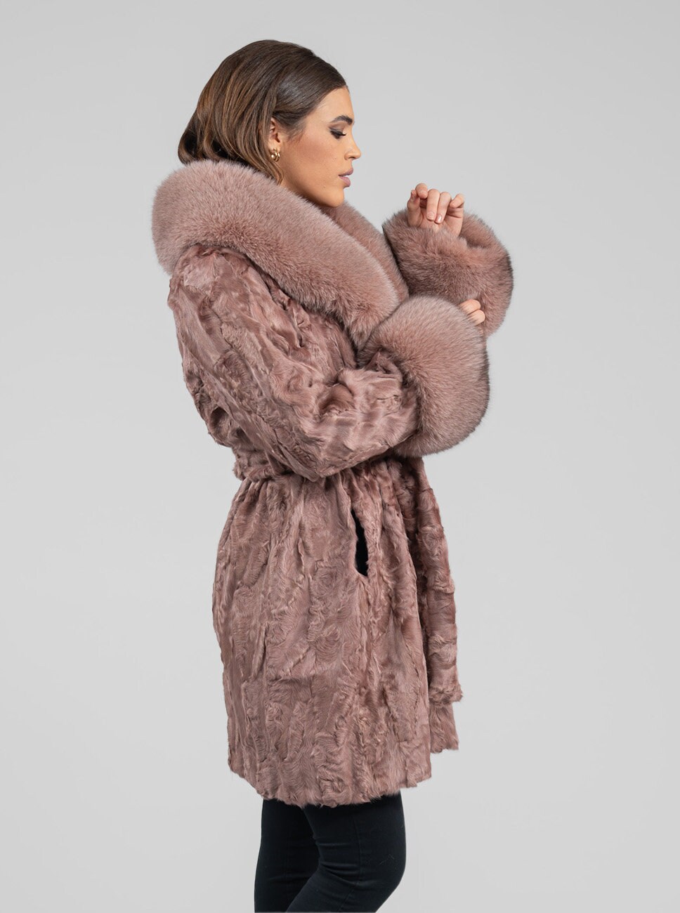 Salmon Real Astrakhan Fur Coat With Fluffy Fox Fur Collar and