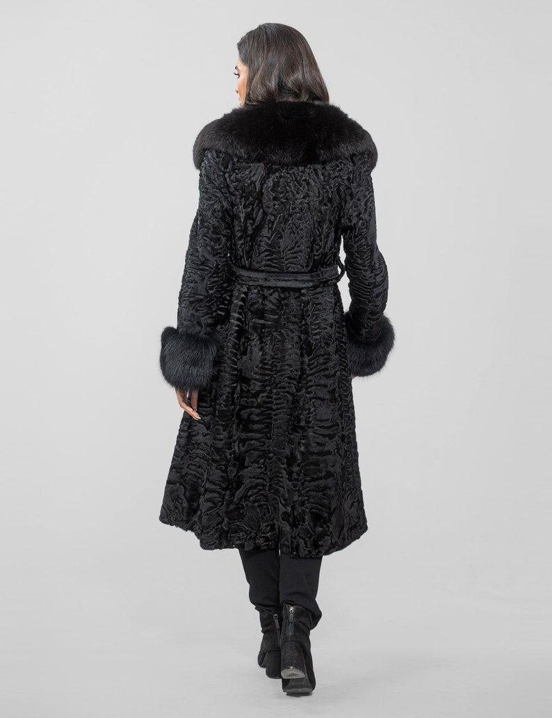 Long Line Black Astrakhan Fur Coat With Real Fox Fur and Belt. Swakara