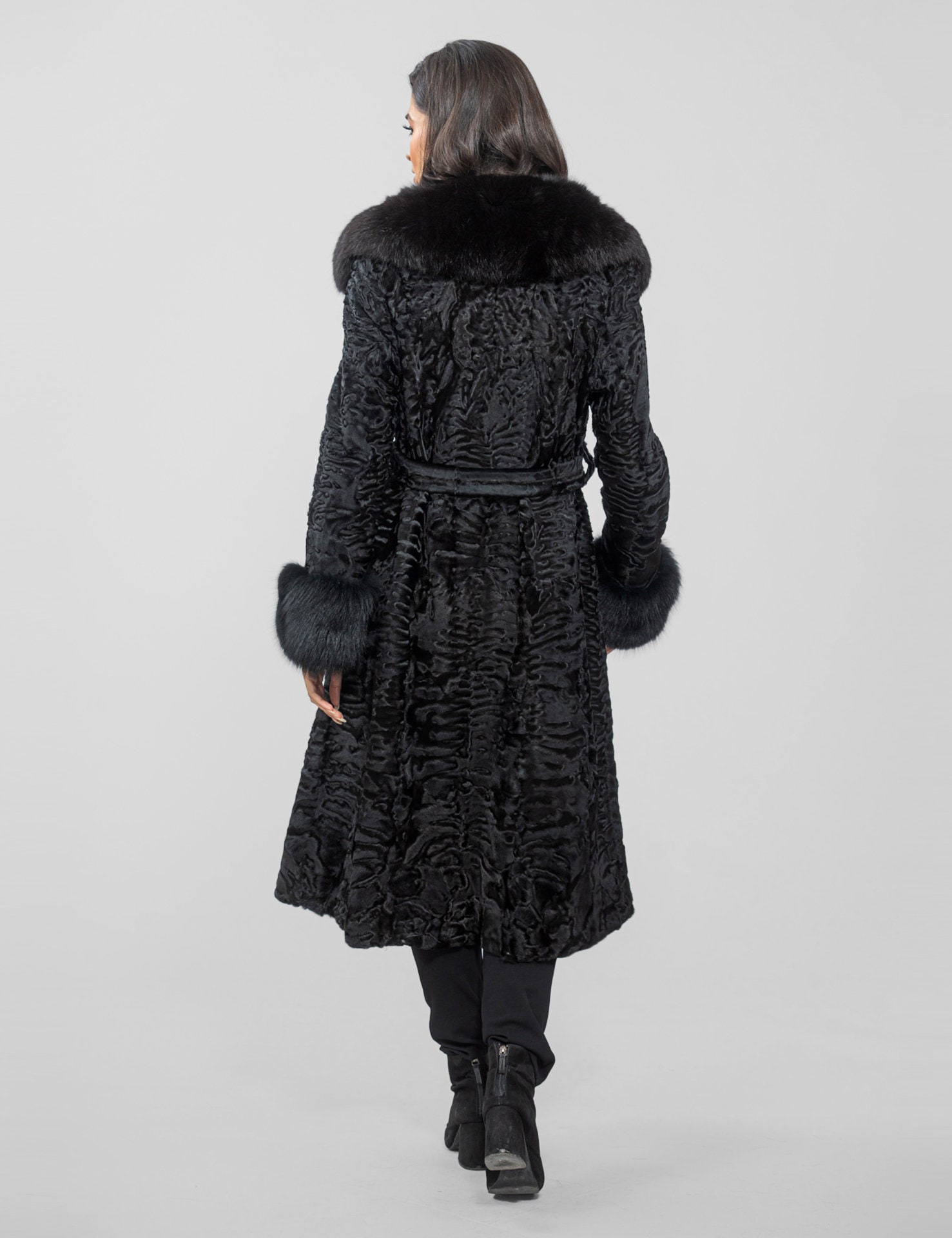 Long Line Black Astrakhan Fur Coat With Real Fox Fur and Belt