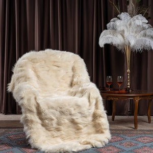 Off-White natural color Real Fox fur throw. Warm, fluffy fur blanket. Impressive fox fur rug. Luxury bedding. Home Decoration. Gift for her.