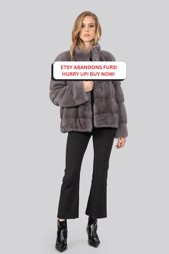 Real blue iris mink fur jacket. Natural color grey mink fur jacket. Short line winter women's fur jacket. Modern fur outerwear. Gift for her