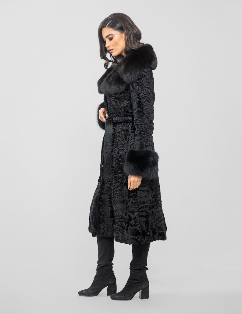 Long Line Black Astrakhan Fur Coat With Real Fox Fur and Belt. Swakara