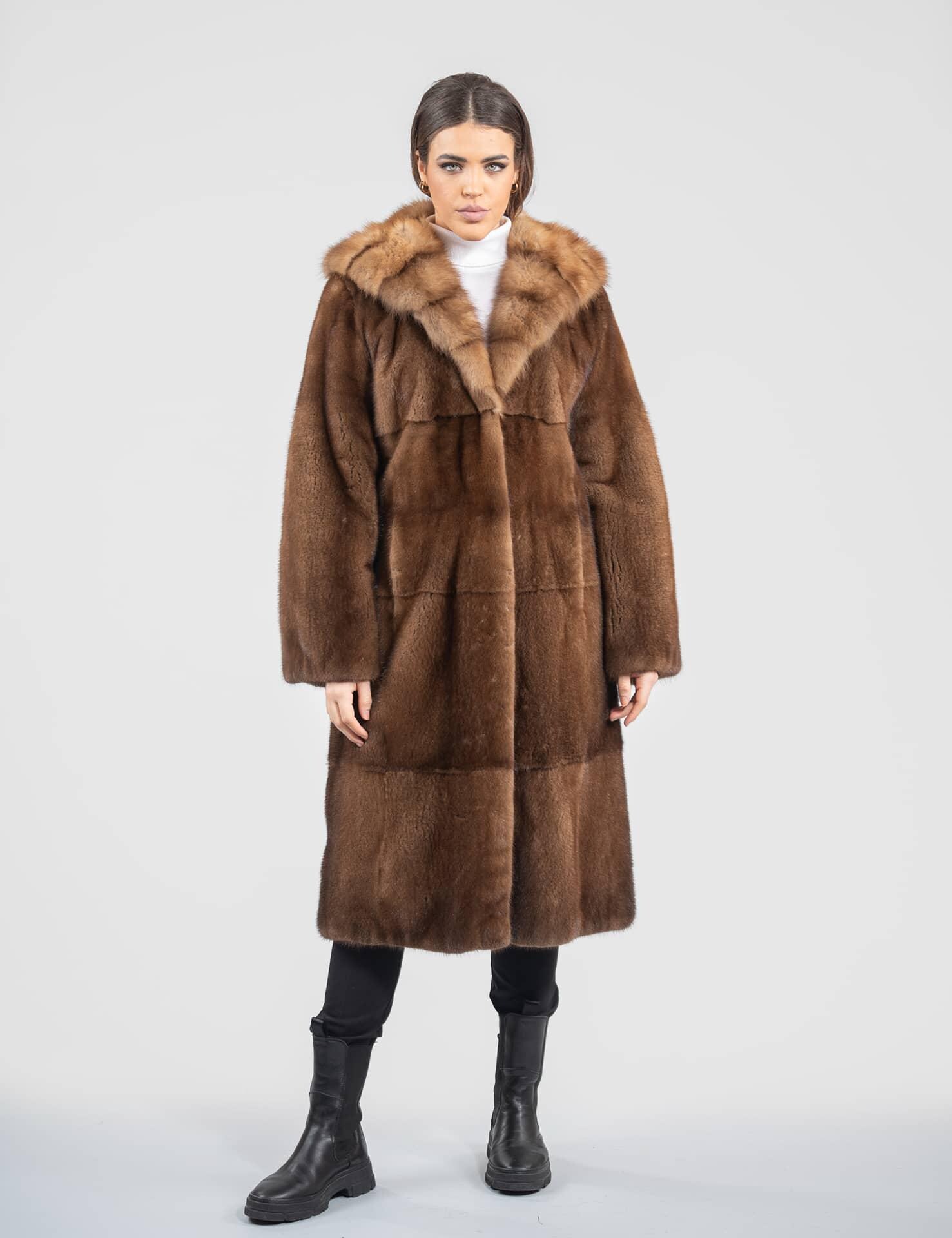 Full Length Demi-buff Mink Fur Coat With Sable Hood. Long Line