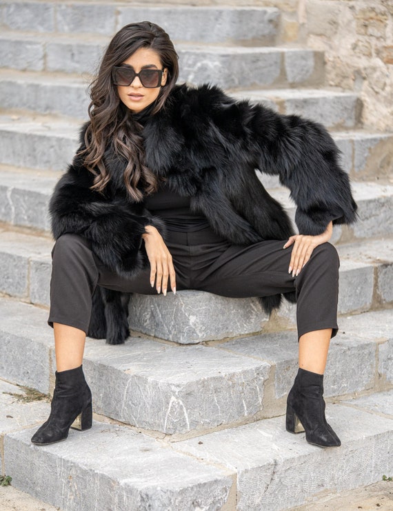 Warm Black Fox Fur Coat Stand Collar. Fluffy Fur Outerwear Women s Clothing .custom Size Coat Winter Coat. Luxury Christmas Gift for Her. Etsy