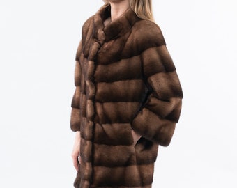 Brown Saga Mink Fur Coat, Short Collar, 7/8 Sleeves. Full  display picture 1