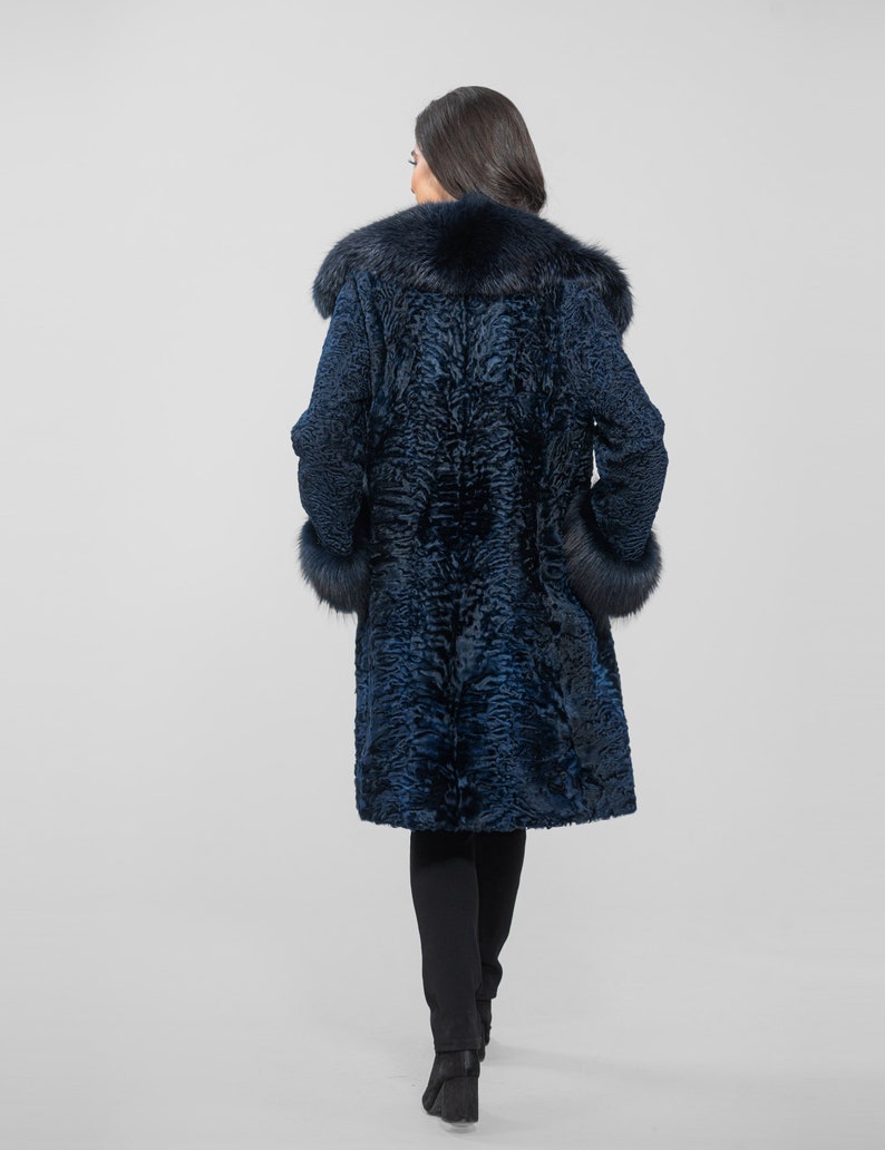 Long Line Dark Blue Astrakhan Fur Coat With Real Fox Fur and Belt