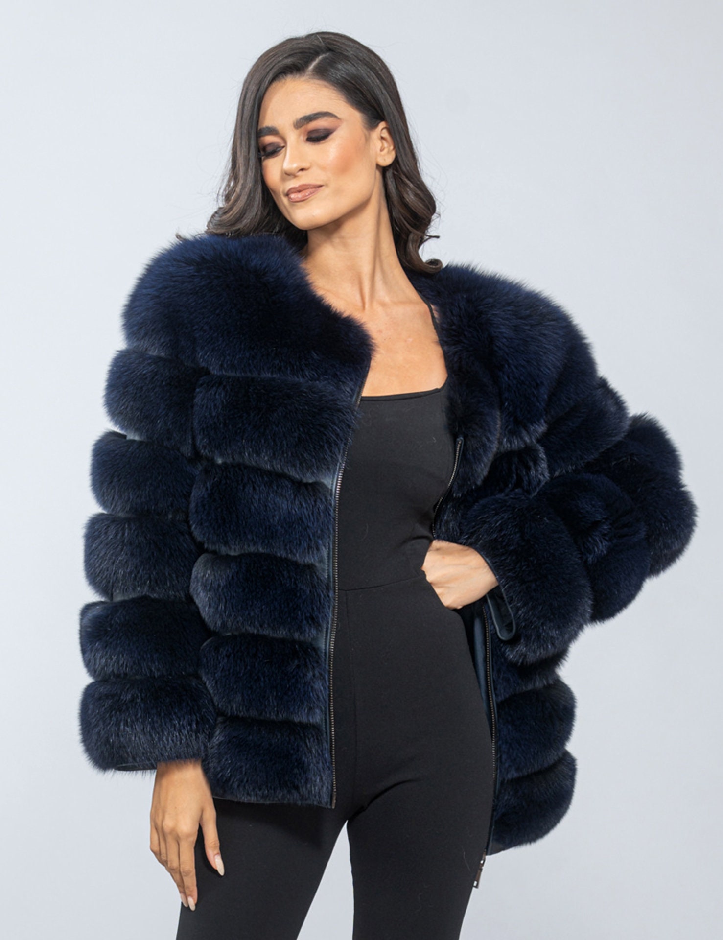 Blue - Black Real Fox Fur Jacket, Collarless Fluffy Fox Jacket