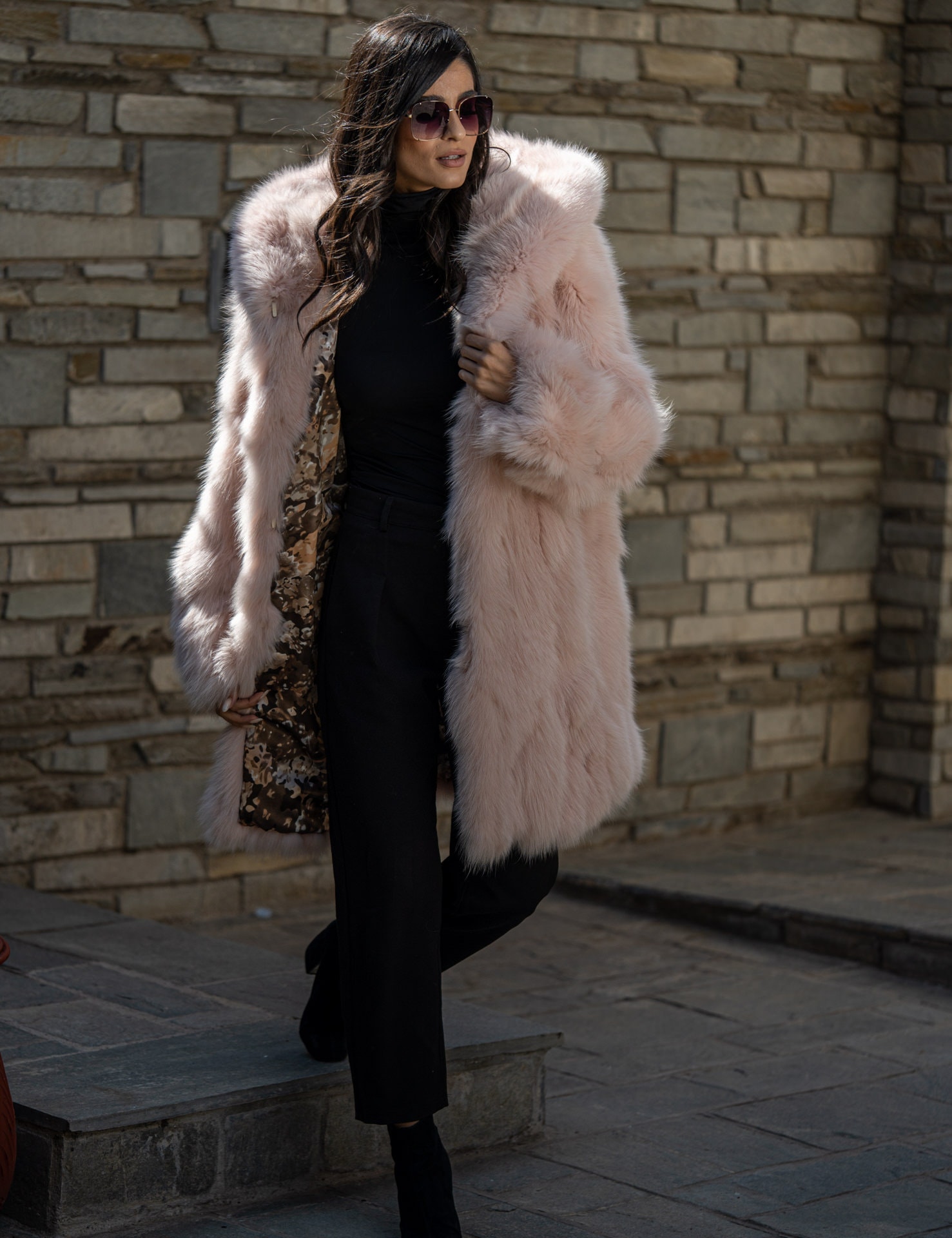 Long Line Fluffy Pink Fox Fur Coat With Hood. Super Warm Real Fox