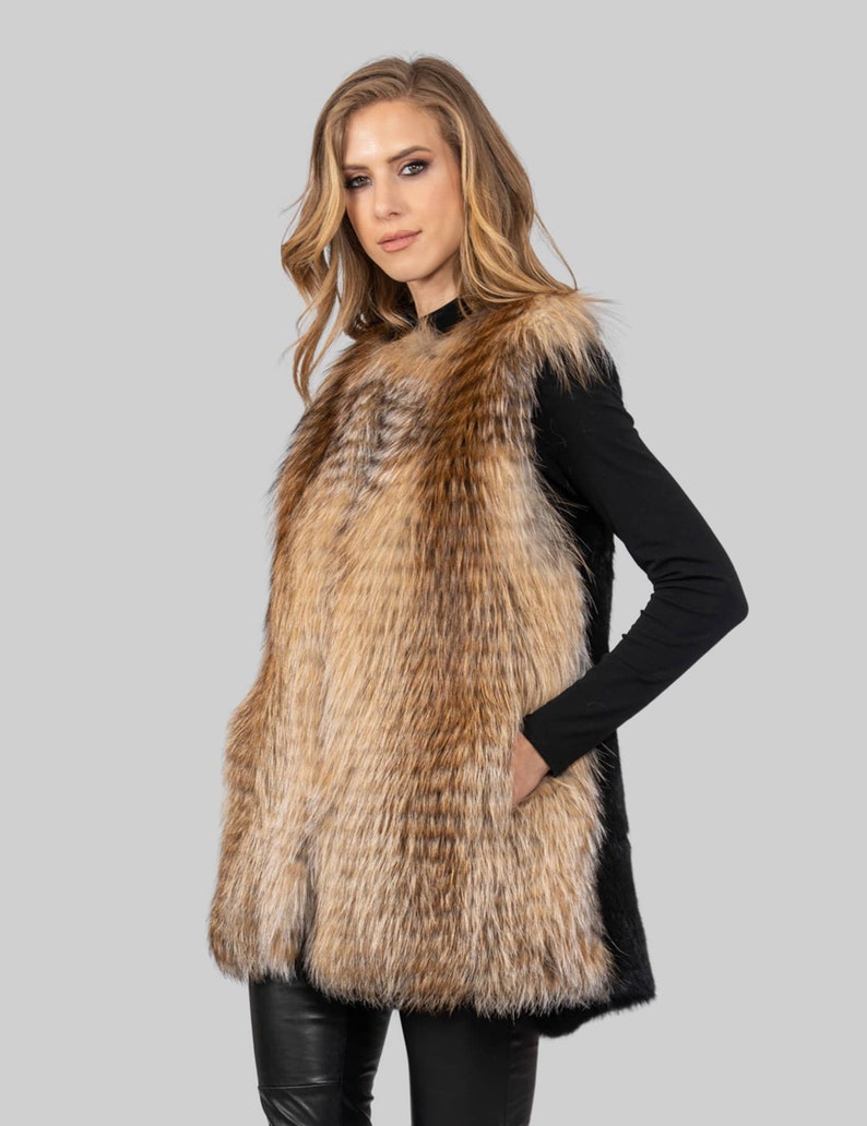 Gold Fox and Black Rabbit Fur Vest. Long Line Real Womens Fur Etsy