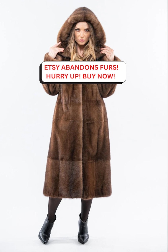 Hooded Brown Saga Long Line Mink Fur Coat. Overcoat, Warm Coat