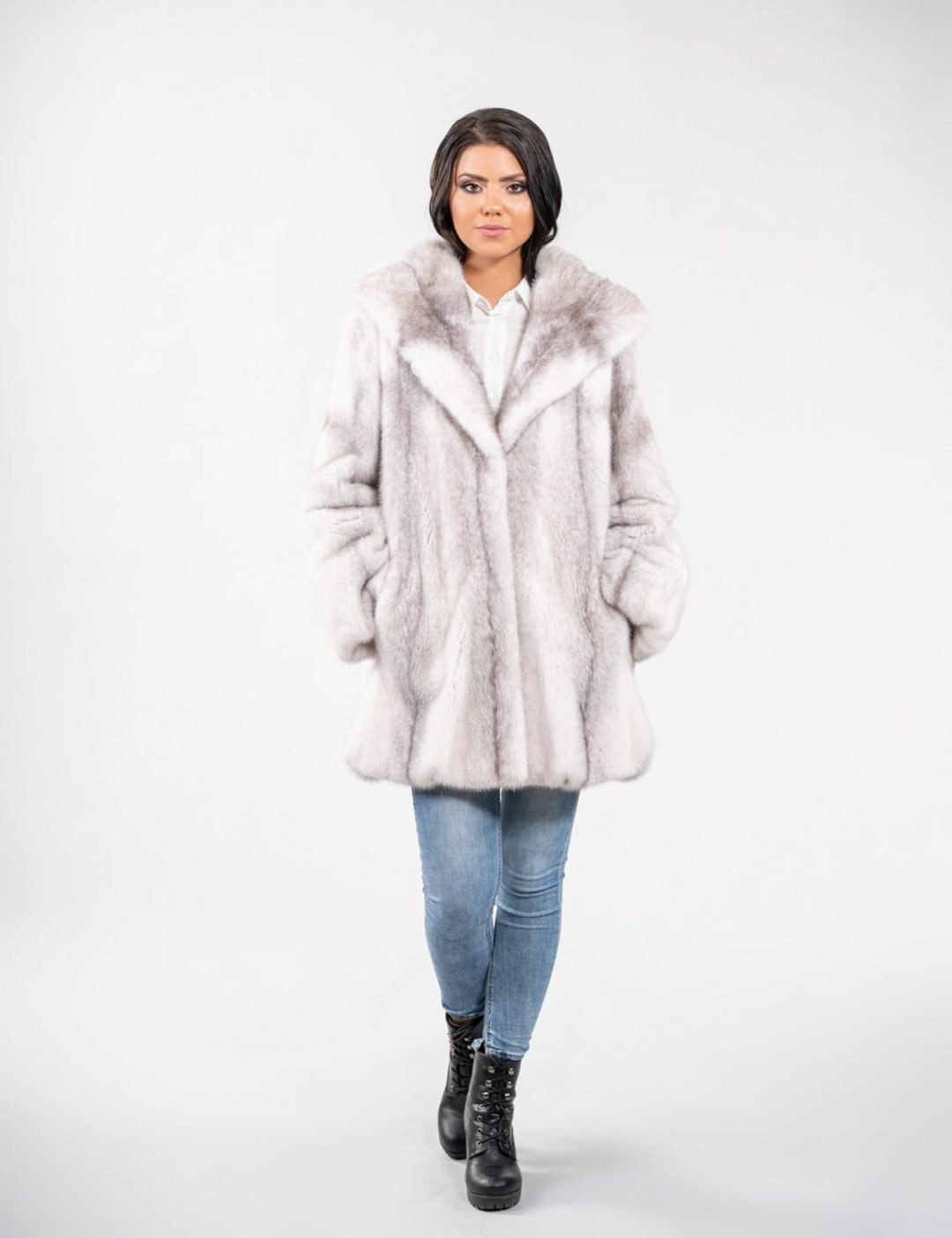 SILVER-CROSS Natural Color Mink Fur Coat. Hooded Full Skin Mink