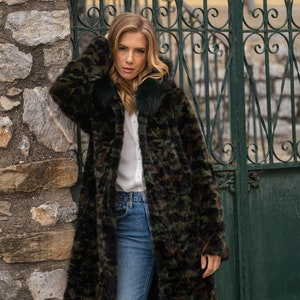 Long line real military mink fur coat with hood. Warm winter womens fur coat. Hooded mink coat with fox fur. Modern army coat. Gift for her.