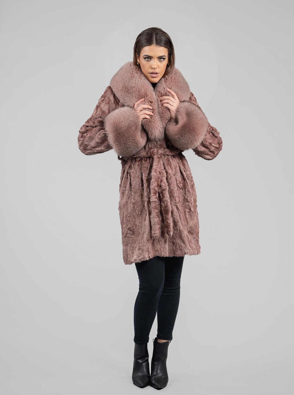 Salmon Real Astrakhan Fur Coat With Fluffy Fox Fur Collar and