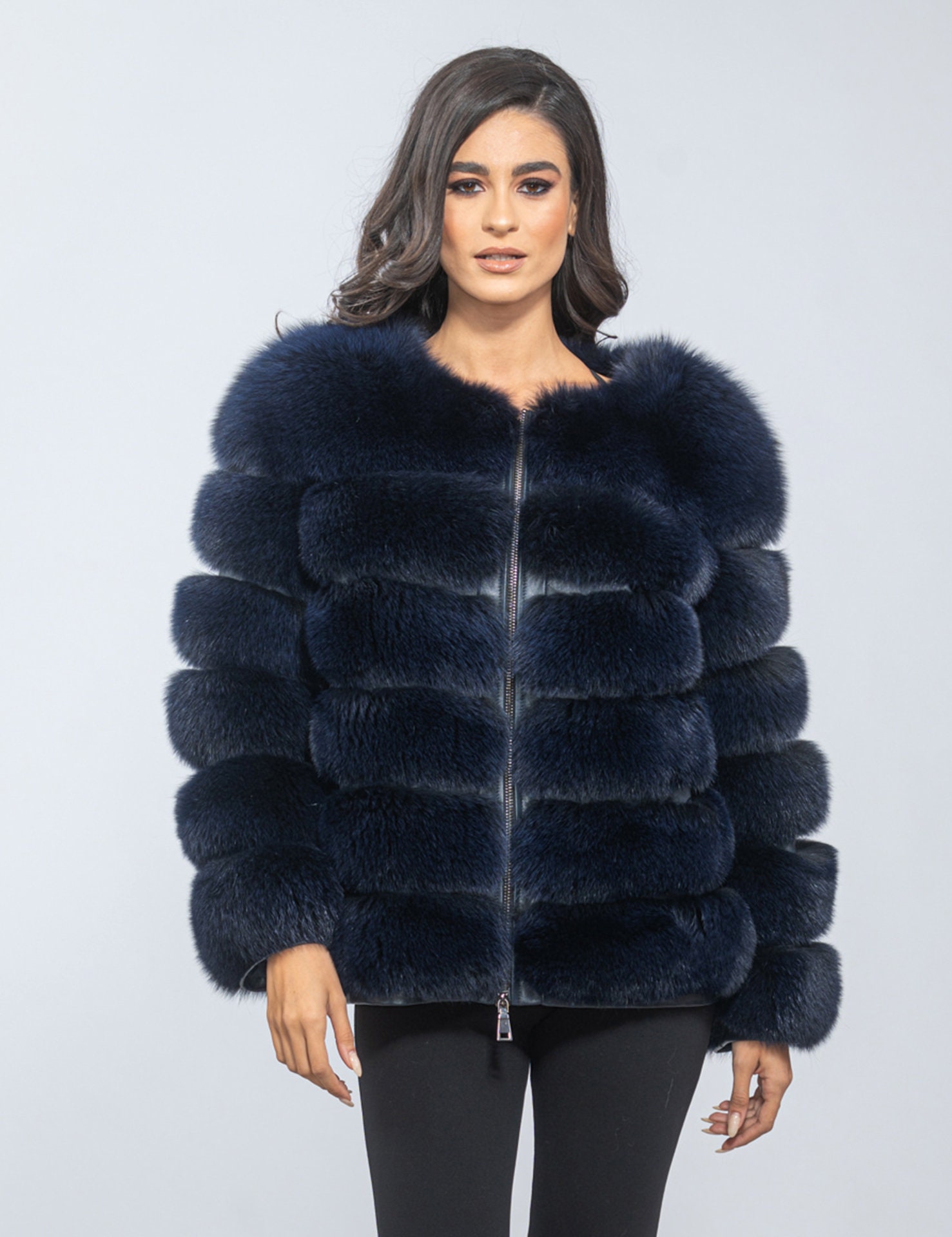 30万3Dラウンドネック黒ブルーFOX♡ショートコート Blue - Black Real Fox Fur Jacket, Collarless Fluffy Fox Jacket