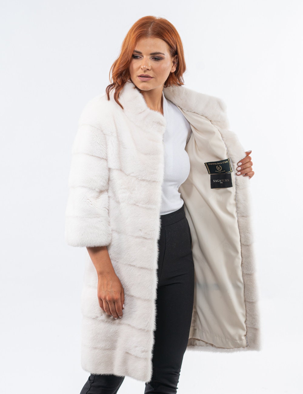 Real fur coat with 3/4 sleeves in a natural white color. Etsy
