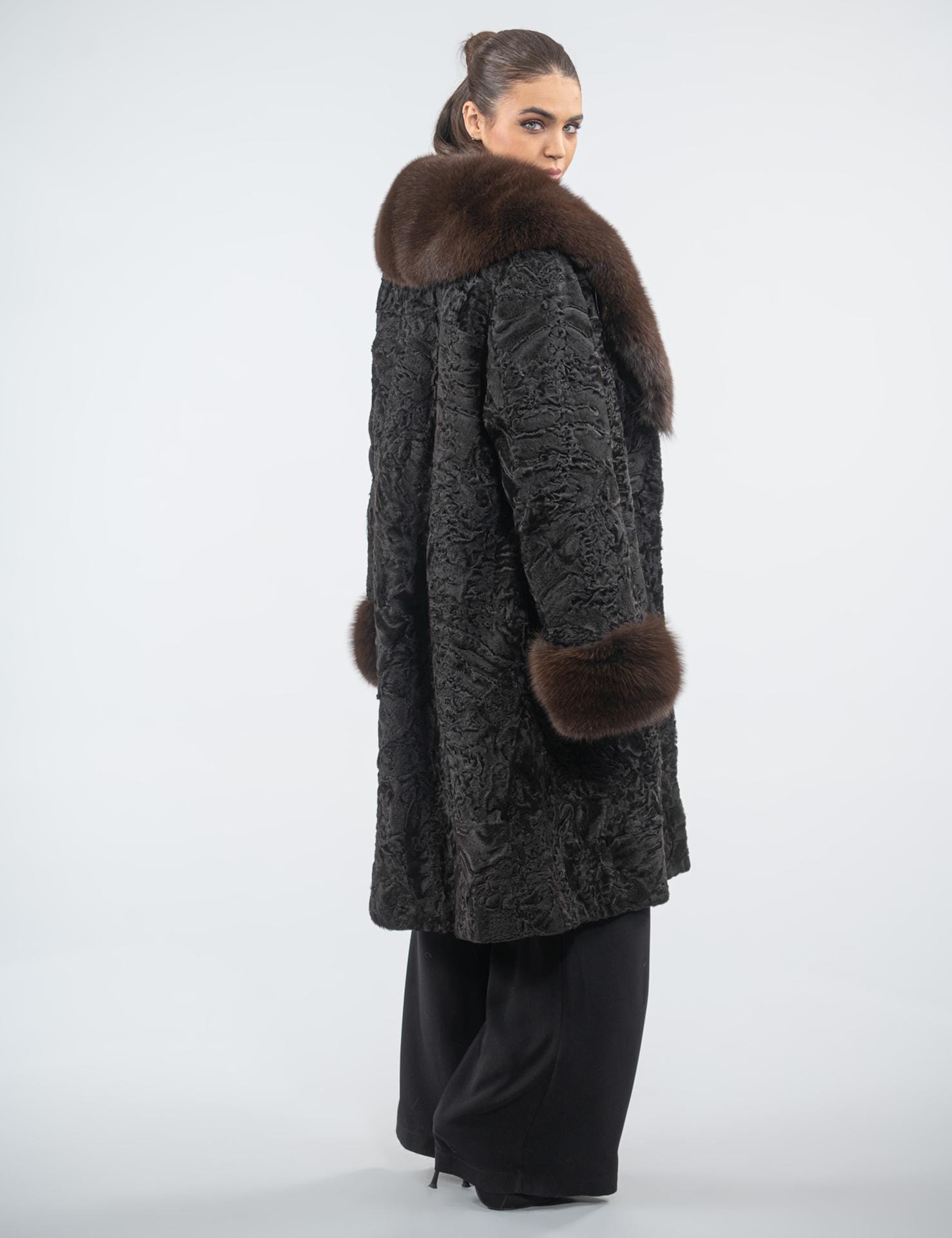 Long Line High Quality Real Astrakhan Fur Coat in Dark Brown Color