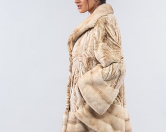 Vintage Real Mink Fur Coat, Wide Collar, Cream With Brown Color