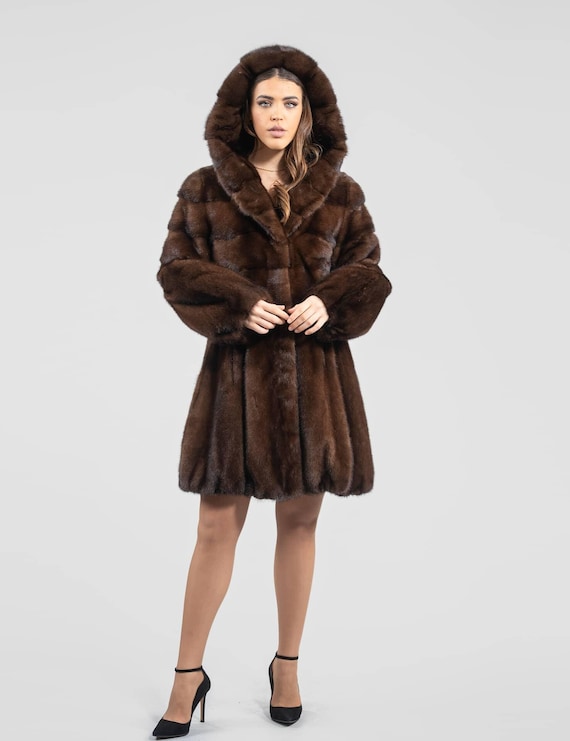 Demi – Buff Real Mink Fur Coat With Hood in a Baloo Line. Natural