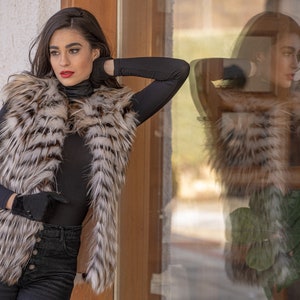 Collarless fox fur vest in a combination of white and brown color. Real fox fur, custom size. Winter fur vest, luxury fur gift for women.