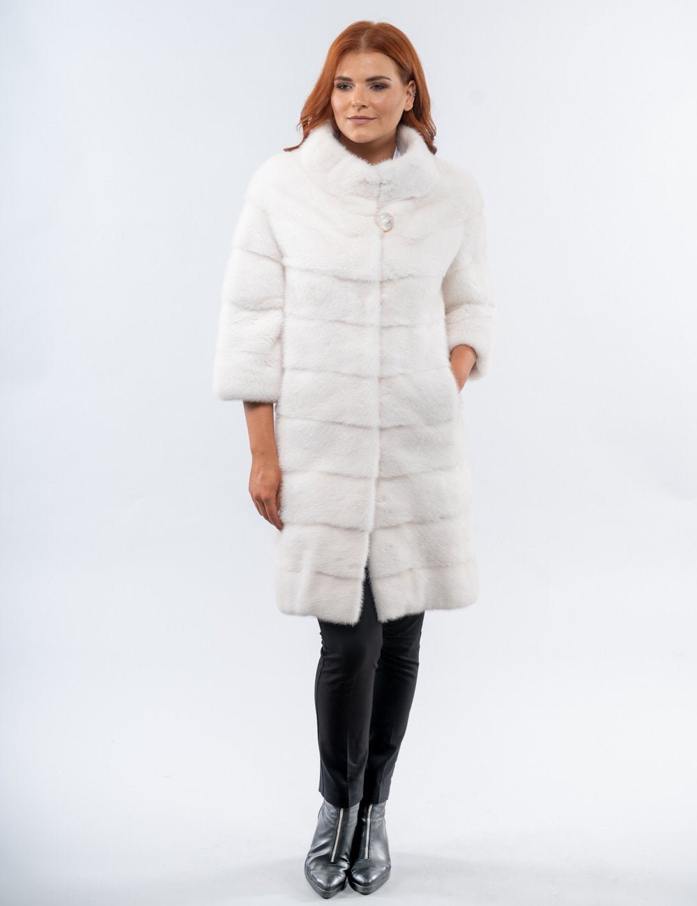 Real fur coat with 3/4 sleeves in a natural white color. Etsy