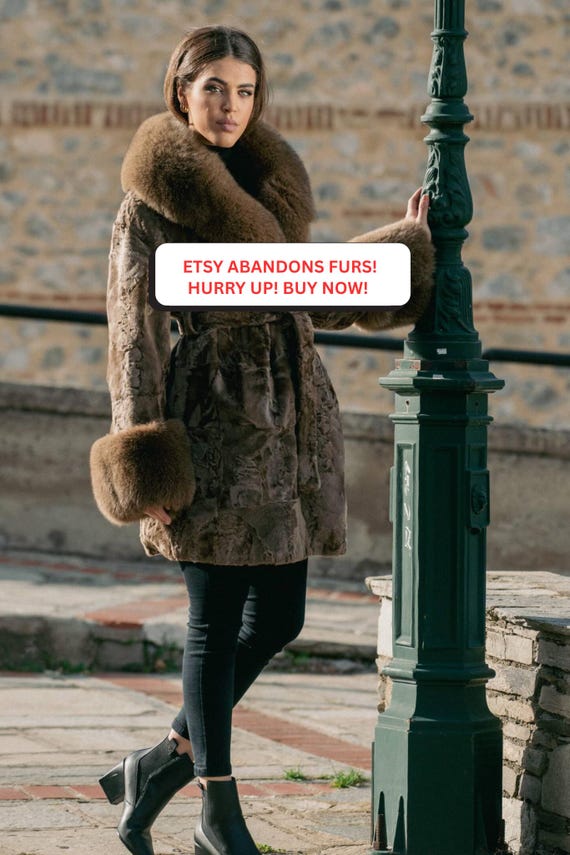 Long Line Brown Real Astrakhan Fur Coat. Fox Fur Collar and Cuffs