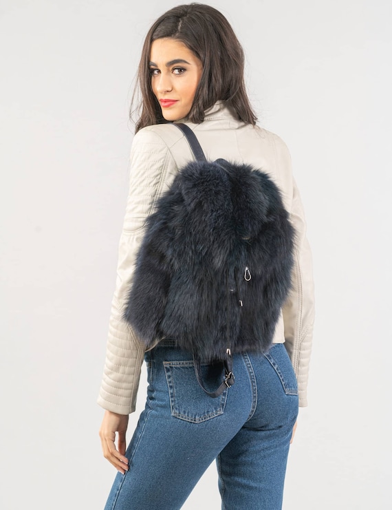 Navy Blue Real Fluffy Fox Fur Backpack With Genuine Leather to the