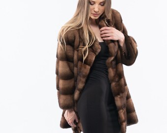 Brown Saga Mink Fur Coat, Short Collar, 7/8 Sleeves. Full  display picture 2