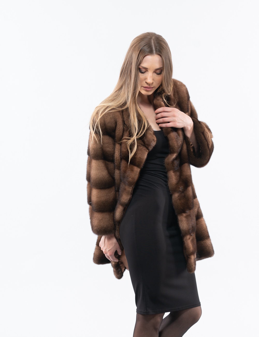 Brown Saga Mink Fur Coat, Short Collar, 7/8 Sleeves. Full Skin