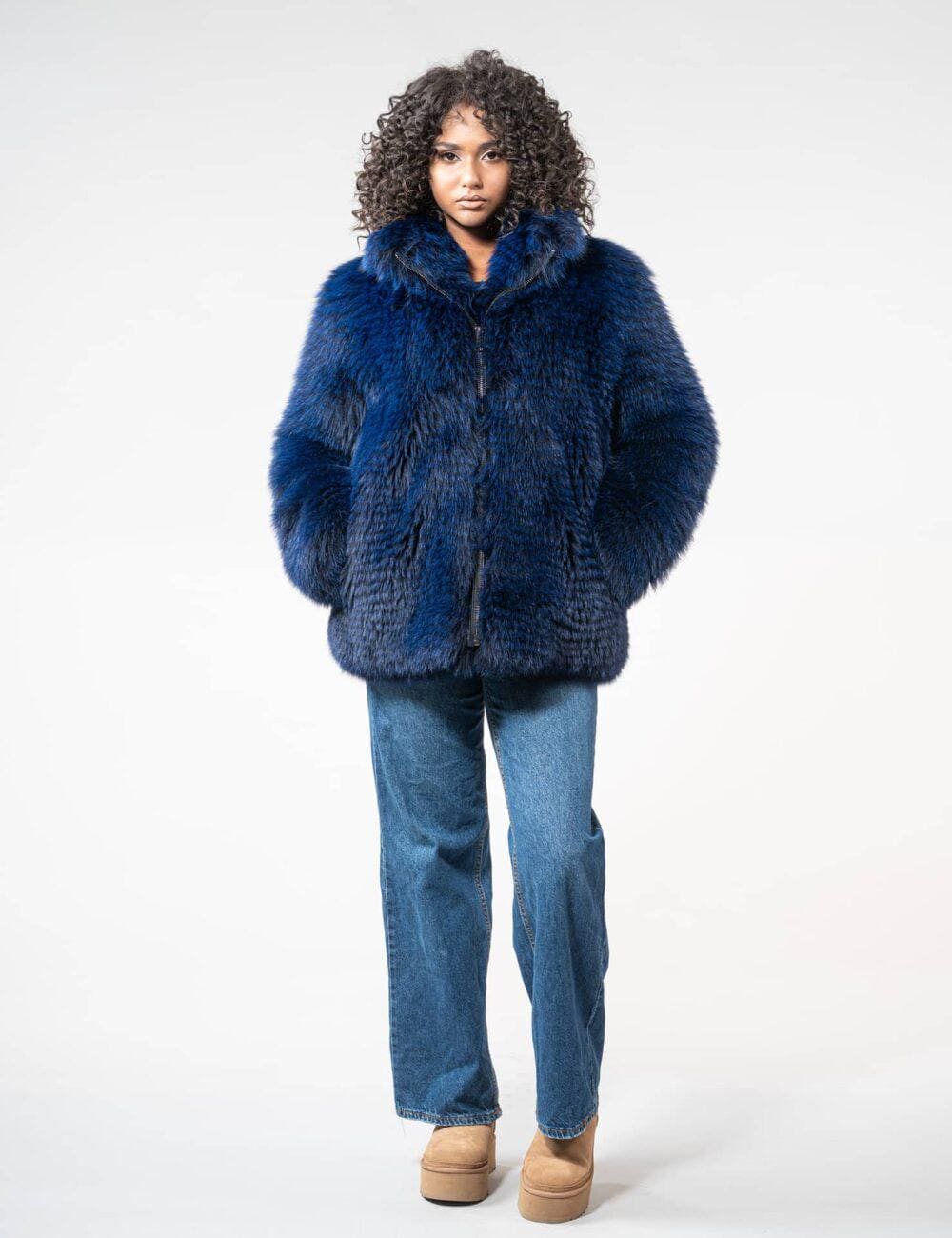 Blue Real Fox Fur Jacket With Zipper Closure. Full Skin Women's