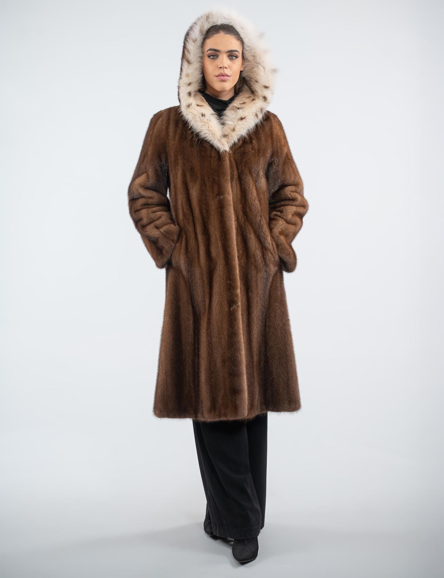 Long Line Demi Buff Real Mink Fur Coat With Hood. Brown Full Skin