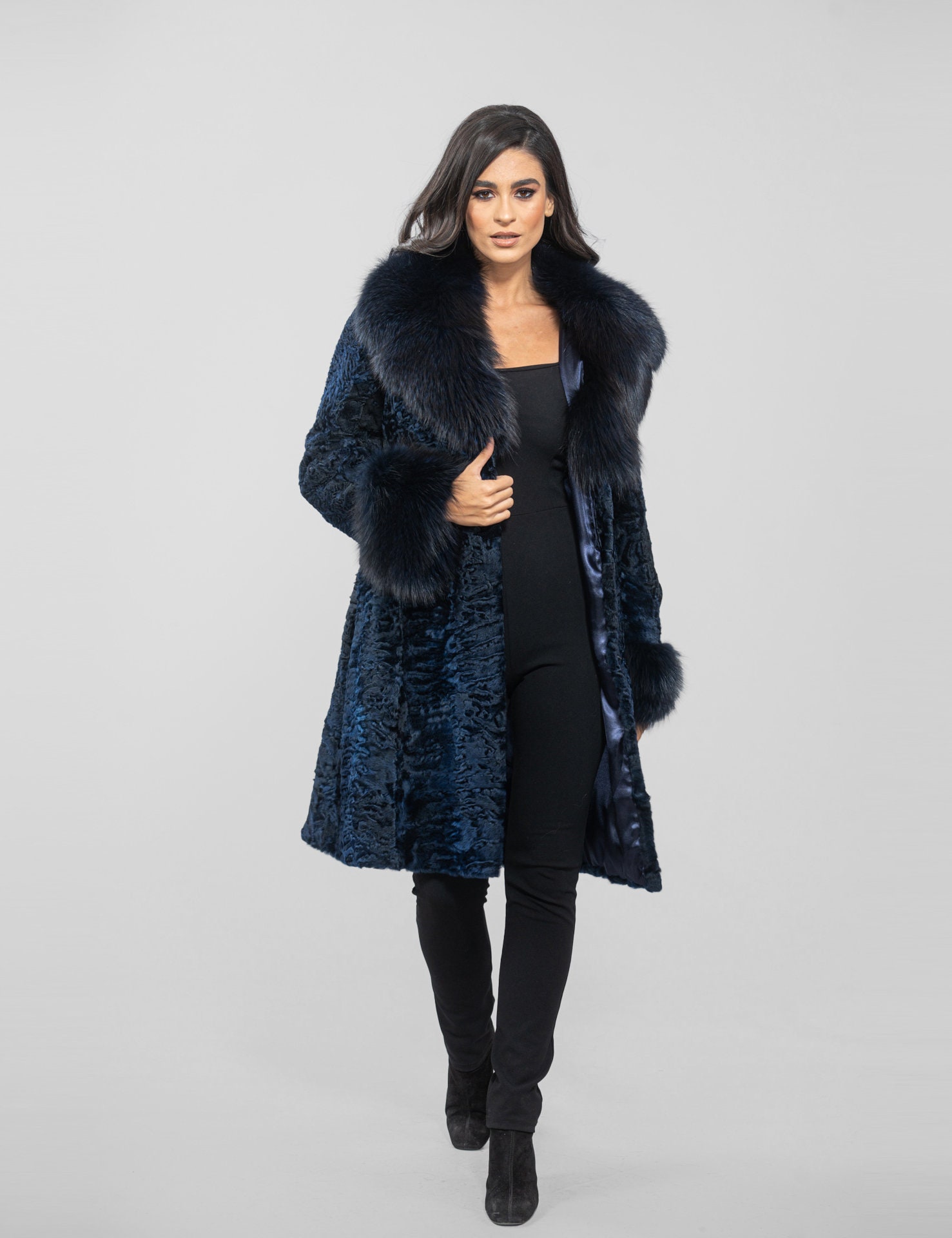 Long Line Dark Blue Astrakhan Fur Coat With Real Fox Fur and Belt