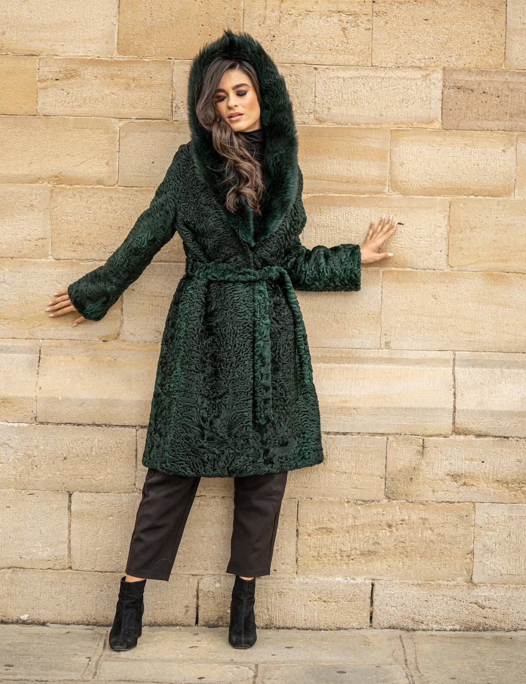 Long Line Astrakhan Fur Coat With Belt, Real Fox Fur Hood. Swakara