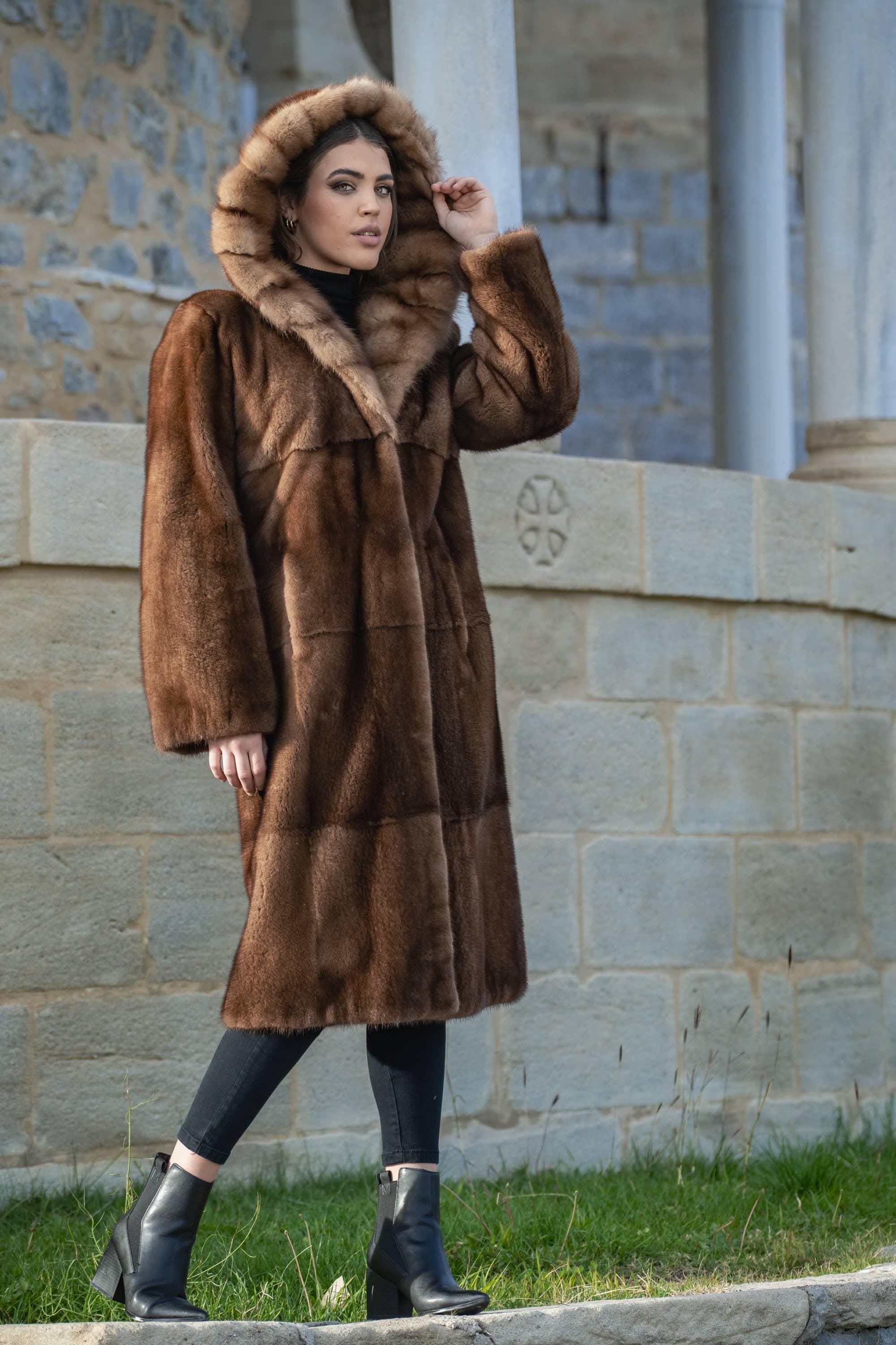 Full Length Demi-buff Mink Fur Coat With Sable Hood. Long Line