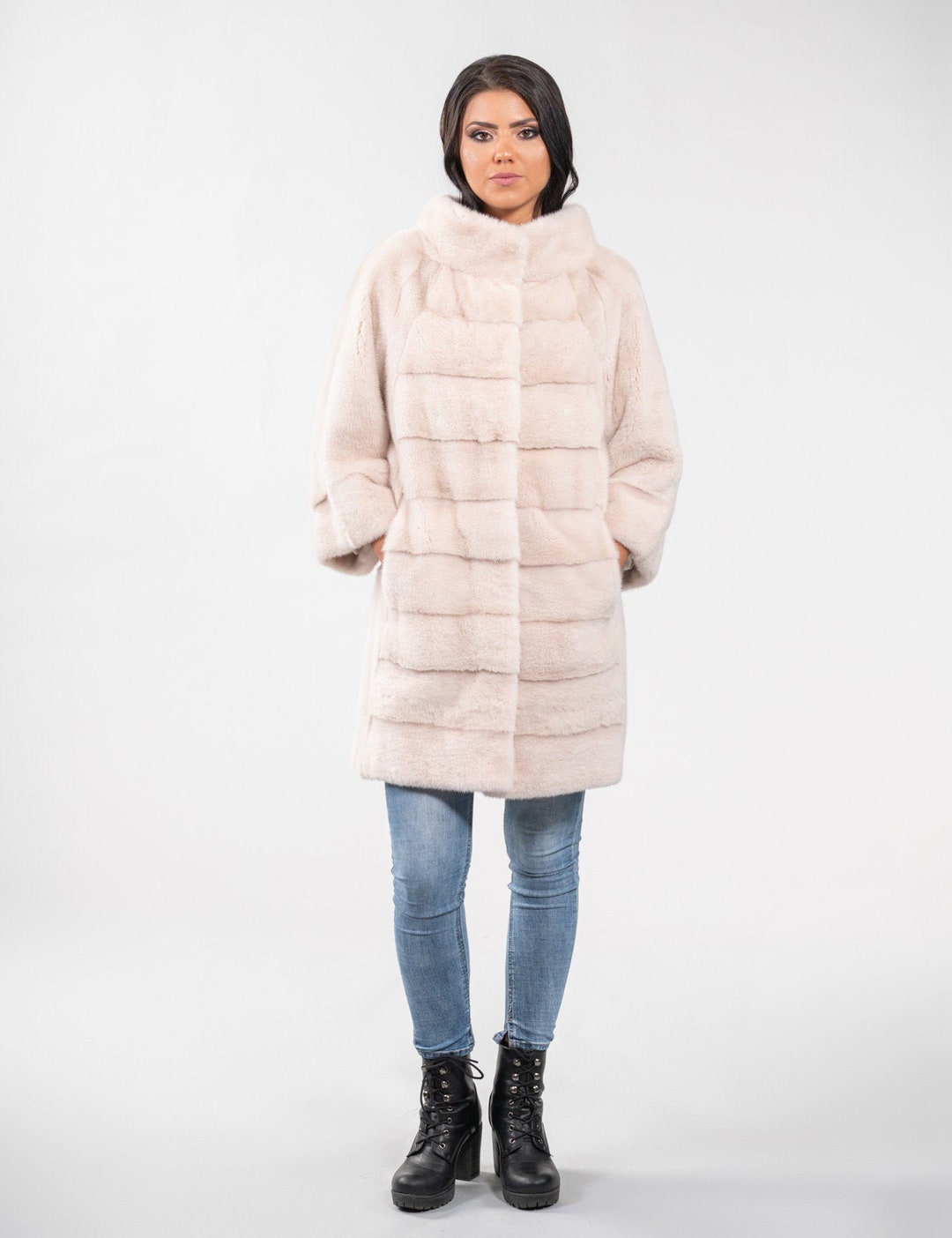Baby Pink Mink Fur Coat, 3/4 Sleeves, Winter Coat, Custom Size. Full