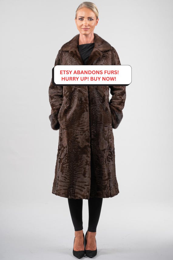 Long Brown Real Astrakhan Fur Coat With Mink Details on the Cuffs