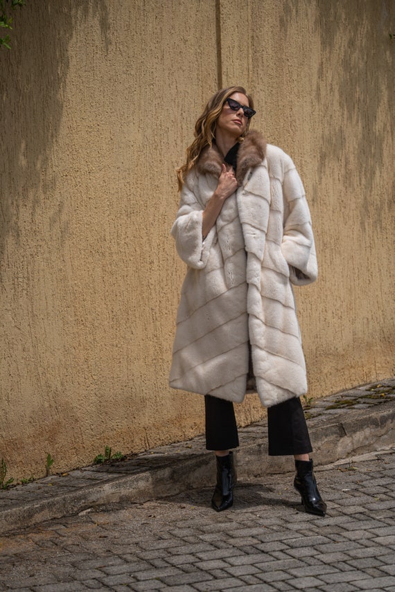 Full Length Mink Fur Coat With Real Sable Fur Collar. Long Line