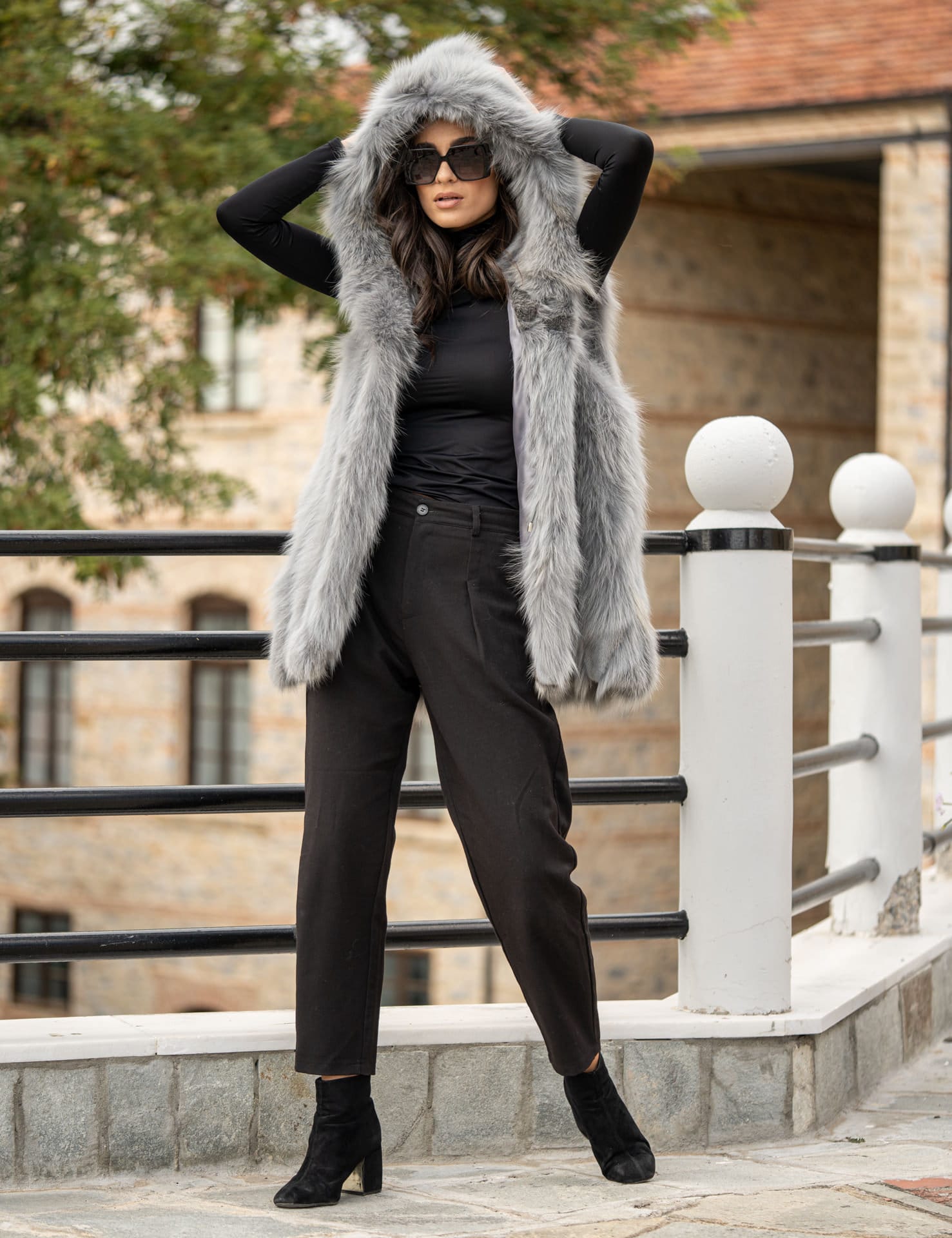 Modern Silver Grey Fox Fur Hooded Vest, Zaets Real Fox Fur Vest