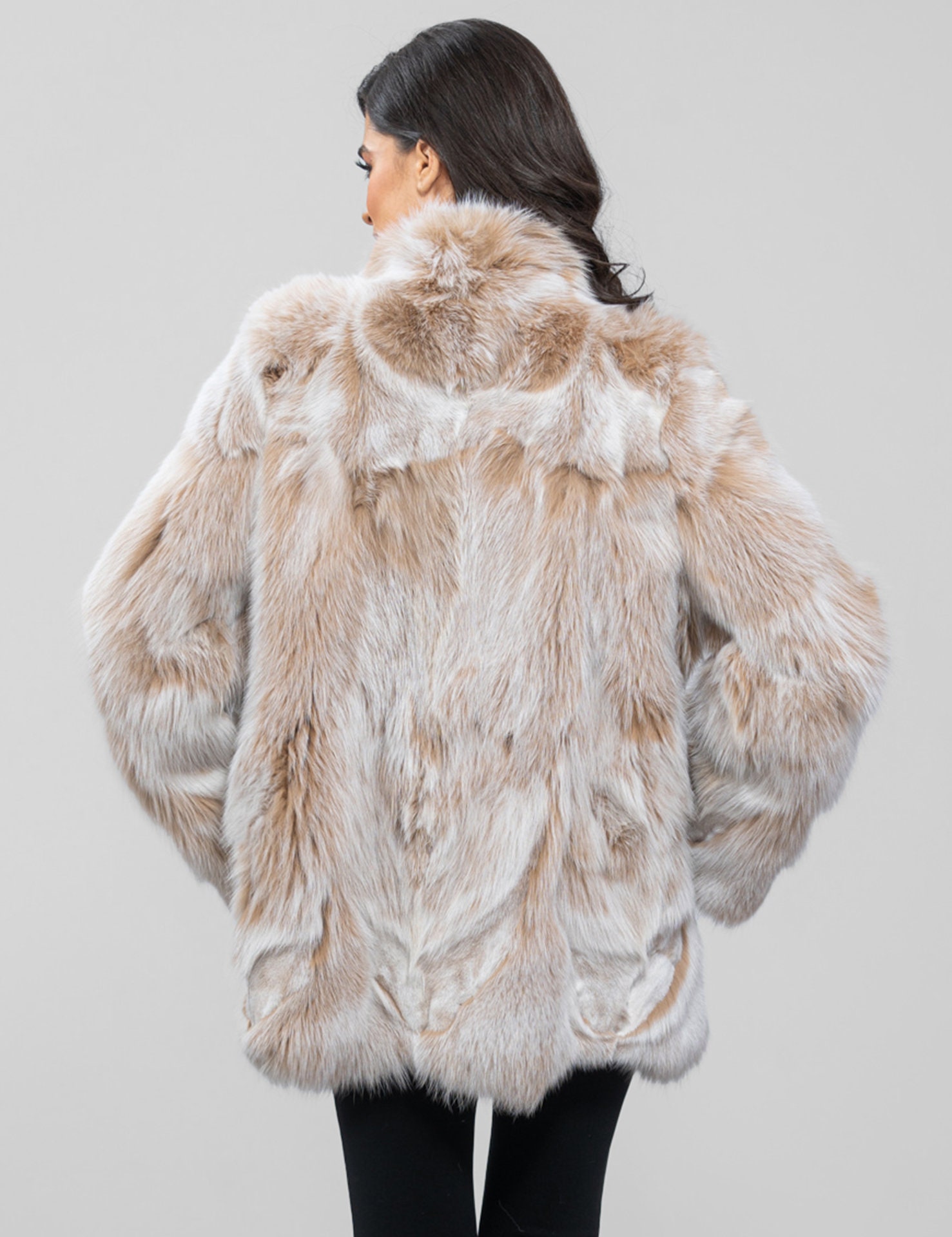 Fox Fur Coat With Stand Collar. Fluffy Beige and White Fox Fur