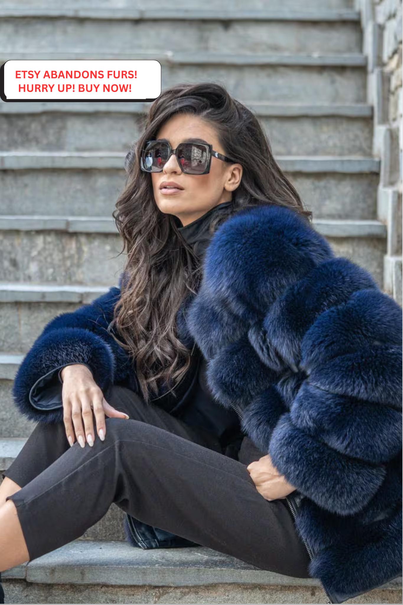 Blue - Black Real Fox Fur Jacket, Collarless Fluffy Fox Jacket
