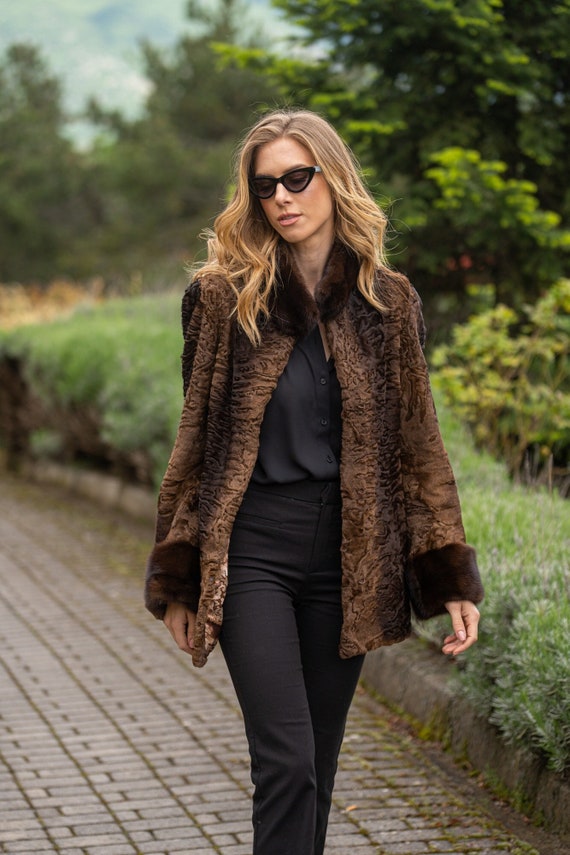 Brown Real Astrakhan Fur Jacket With Mink Fur Collar and Cuffs
