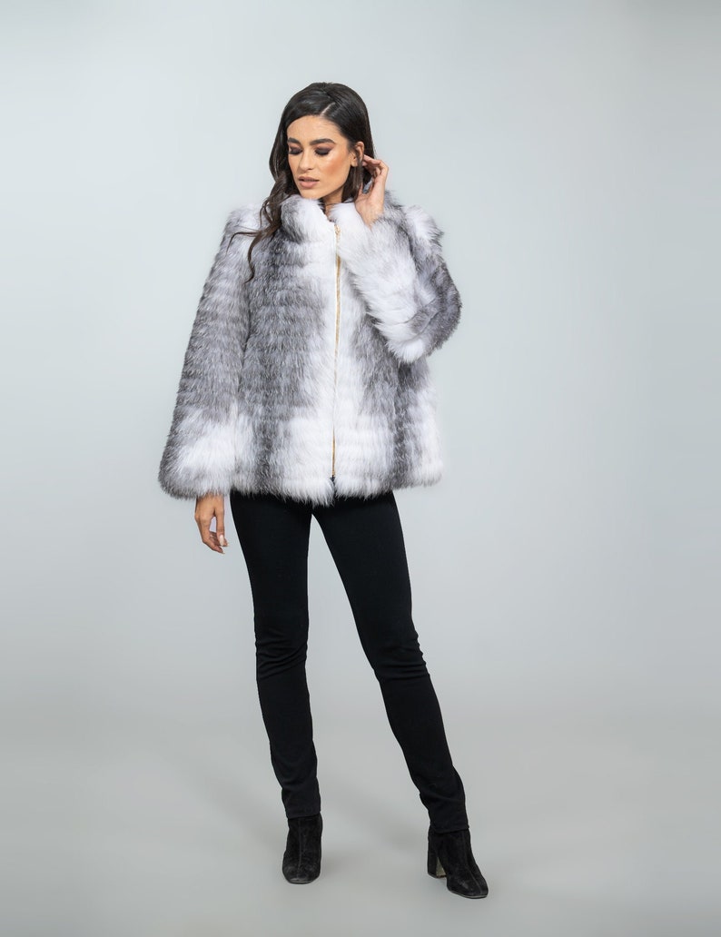 Arctic Marble Fox Fur Jacket. Natural color full skin real fox fur, winter jacket, impressive women's outerwear, warm jacket. Gift for her. image 1