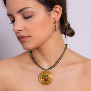 Set Necklace Earrings in Golden Grass w/ Stones and Swarovski Crystals