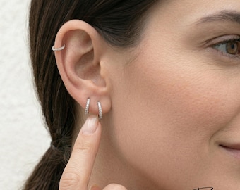 Small Silver Hoop Earrings Stack - 925 Sterling Silver - Lightweight Hinged Everyday Minimalist Hoops