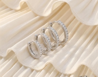Small Silver Hoop Earrings Stack - 925 Sterling Silver - Lightweight Hinged Everyday Minimalist Hoops
