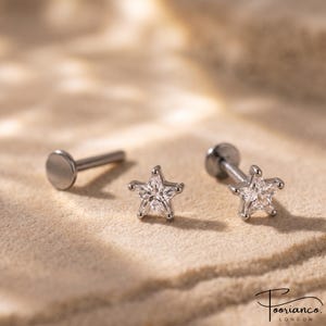 Titanium Star CZ Flat Back Stud, Implant Grade Titanium Earring, Tragus Helix Conch Piercing, Internally Threaded 16G