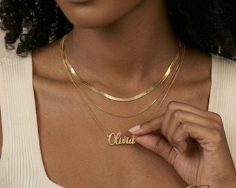 14K Gold Plated Personalized Stainless Steel Multi-Layered Round Snake Chain Name Necklace -  Gift for Her - Size in Description