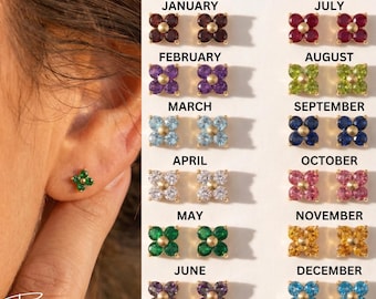 14K Gold Plated BirthStone Earrings Stud, Dainty Flower, Minimalist Everyday Wear, Gift for Her