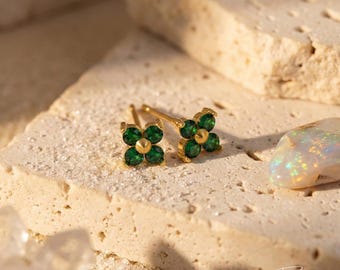 14K Gold Plated BirthStone Earrings Stud, Dainty Flower, Minimalist Everyday Wear, Gift for Her,