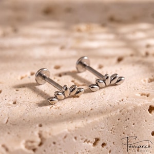 Può includere: Due piercing labret in metallo color argento con una parte superiore decorativa curva a ventaglio, composta da cinque piccoli elementi a forma di petalo disposti ad arco. Ogni piercing presenta un disco posteriore piatto e un perno dritto.